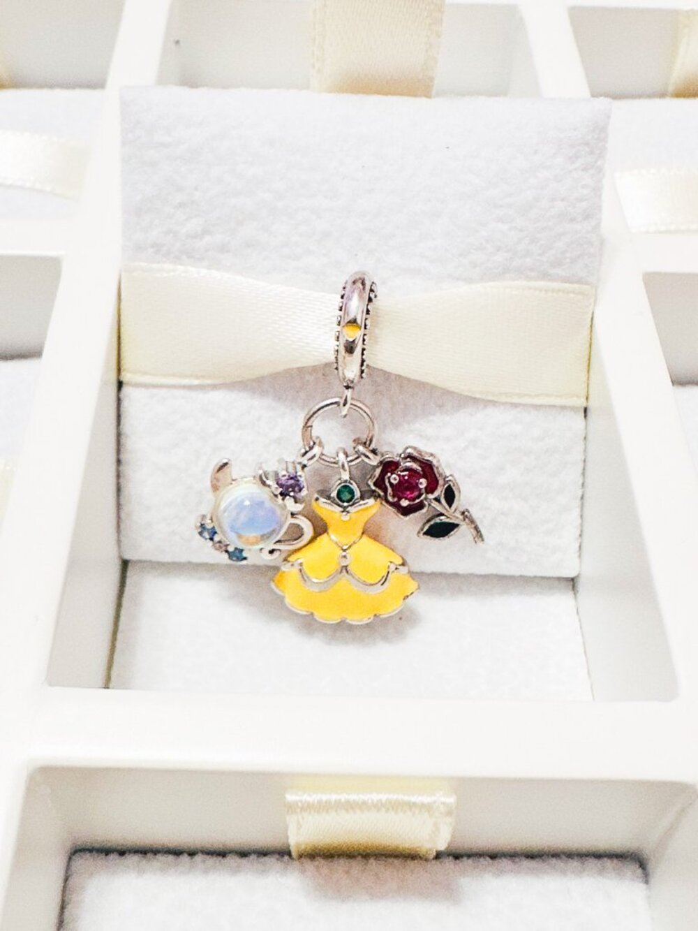 925 Sterling Silver Princess Belle Dress, Mrs. Potts And Red Rose Dangle Charm